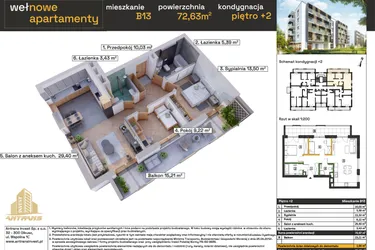 Rzut - Mieszkanie na sprzedaż 3 pokoje o powierzchni 72,63 m² - numer B13 w Osiedle Wełnowe Apartamenty