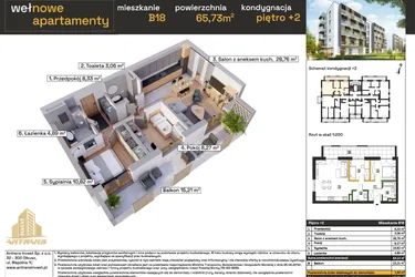 Rzut - Mieszkanie na sprzedaż 3 pokoje o powierzchni 65,93 m² - numer B18 w Osiedle Wełnowe Apartamenty