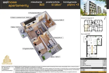 Rzut - Mieszkanie na sprzedaż 3 pokoje o powierzchni 57,23 m² - numer B23 w Osiedle Wełnowe Apartamenty