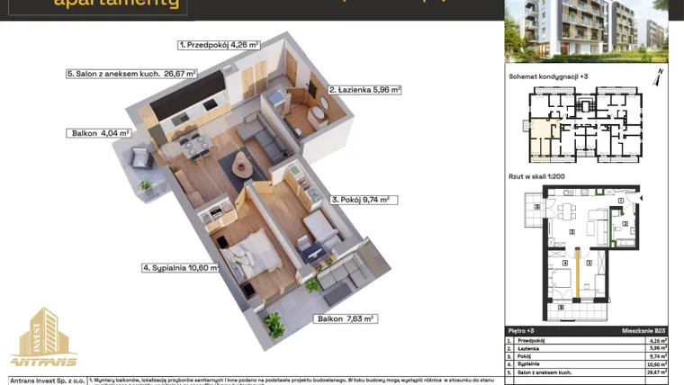 Rzut - Mieszkanie na sprzedaż 3 pokoje o powierzchni 57,23 m² - numer B23 w Osiedle Wełnowe Apartamenty