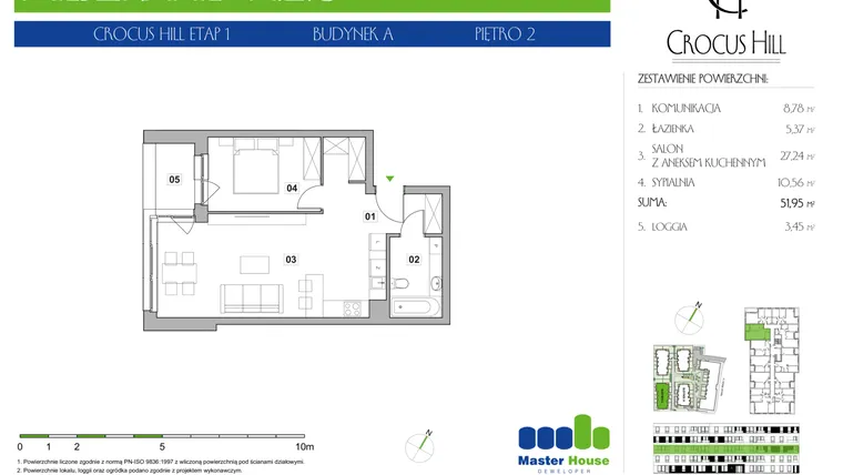 Rzut - Mieszkanie na sprzedaż 2 pokoje o powierzchni 51,95 m² - numer A.2.8 w Crocus Hill