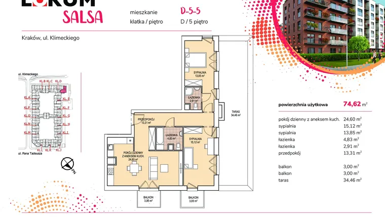 Rzut - Mieszkanie na sprzedaż 2 pokoje o powierzchni 74,62 m² - numer D-5-5 w Lokum Salsa etap III