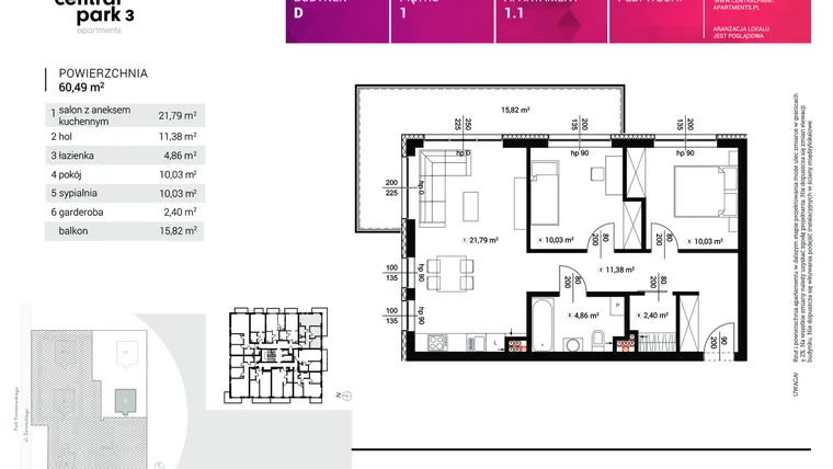 Rzut - Mieszkanie na sprzedaż 3 pokoje o powierzchni 60,49 m² - numer D.1.1 w Central Park Apartments 3