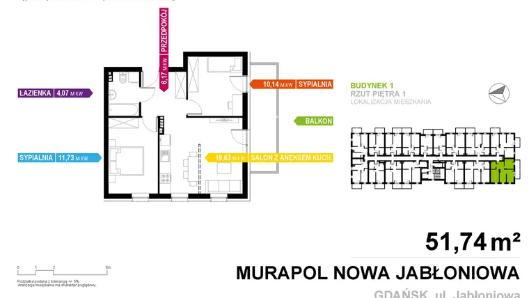 Rzut - Mieszkanie na sprzedaż 3 pokoje o powierzchni 51,74 m² - numer 1A.1.14 w Murapol Nowa Jabłoniowa