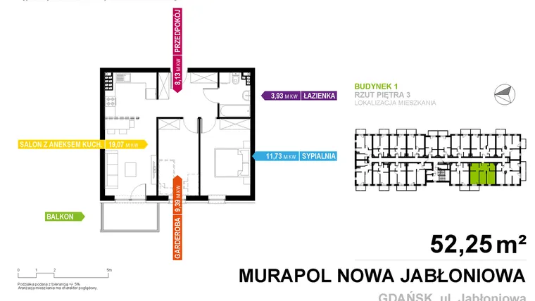 Rzut - Mieszkanie na sprzedaż 2 pokoje o powierzchni 52,25 m² - numer 1A.3.15 w Murapol Nowa Jabłoniowa