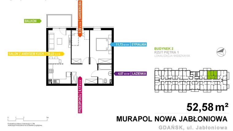 Rzut - Mieszkanie na sprzedaż 2 pokoje o powierzchni 52,58 m² - numer 2A.1.02 w Murapol Nowa Jabłoniowa