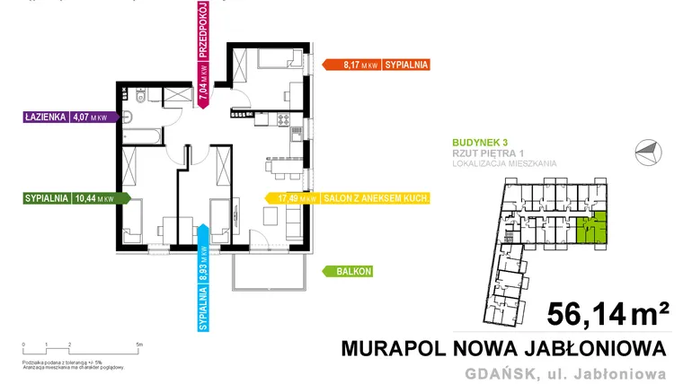 Rzut - Mieszkanie na sprzedaż 4 pokoje o powierzchni 56,14 m² - numer 3A.1.08 w Murapol Nowa Jabłoniowa