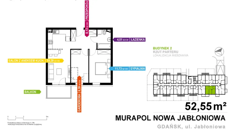 Rzut - Mieszkanie na sprzedaż 2 pokoje o powierzchni 52,55 m² - numer 2A.0.05 w Murapol Nowa Jabłoniowa