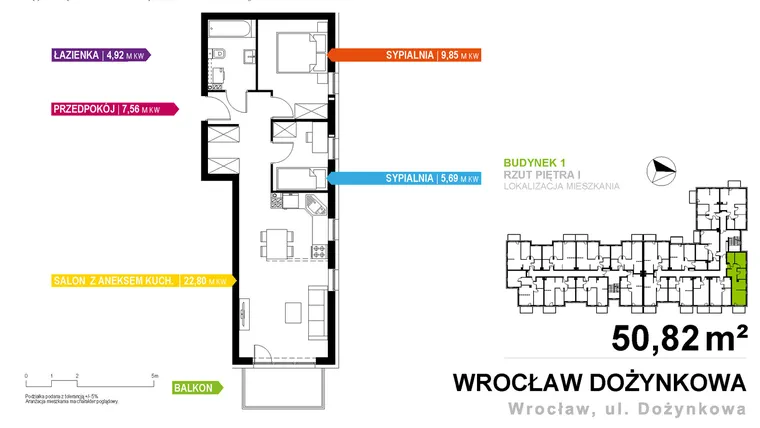 Rzut - Mieszkanie na sprzedaż 3 pokoje o powierzchni 50,82 m² - numer 1.A.1.1 w Murapol Zielone Bulwary