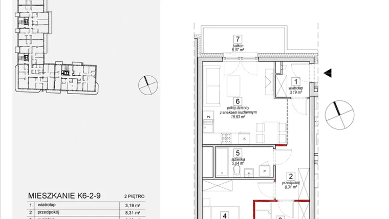 Rzut - Mieszkanie na sprzedaż 3 pokoje o powierzchni 56,02 m² - numer K6-2-9 w Apartamenty Milczańska II