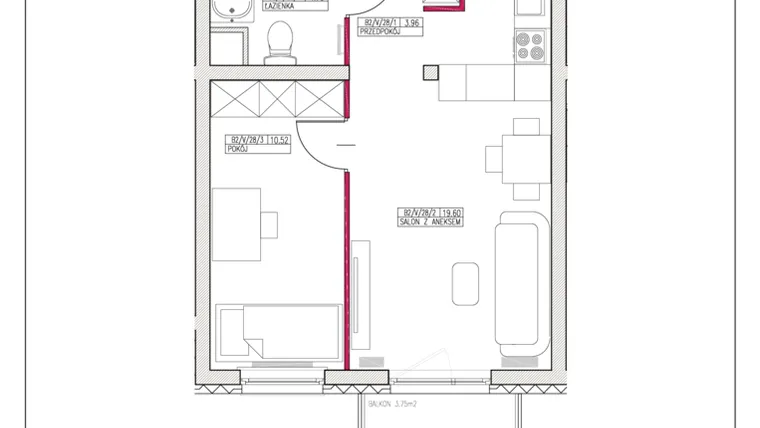 Rzut - Mieszkanie na sprzedaż 2 pokoje o powierzchni 40,42 m² - numer 28 w Ornament etap IV