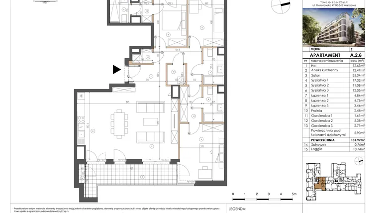 Rzut - Mieszkanie na sprzedaż 4 pokoje o powierzchni 132,12 m² - numer A.2.6 w Rezydencja Łazienki Park