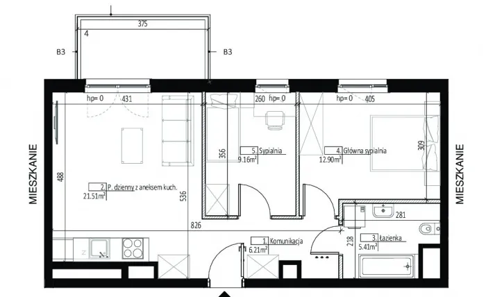 Rzut - Mieszkanie na sprzedaż 3 pokoje o powierzchni 55,19 m² - numer DD0226 w Soleil de Malta