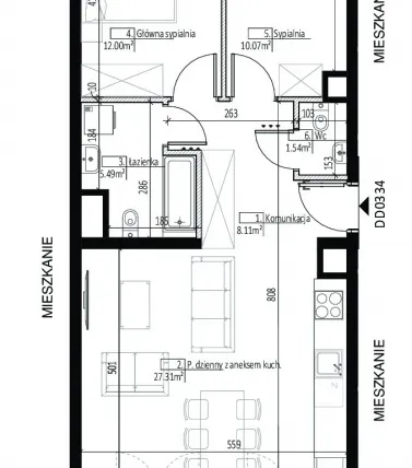 Rzut - Mieszkanie na sprzedaż 3 pokoje o powierzchni 64,52 m² - numer DD0334 w Soleil de Malta