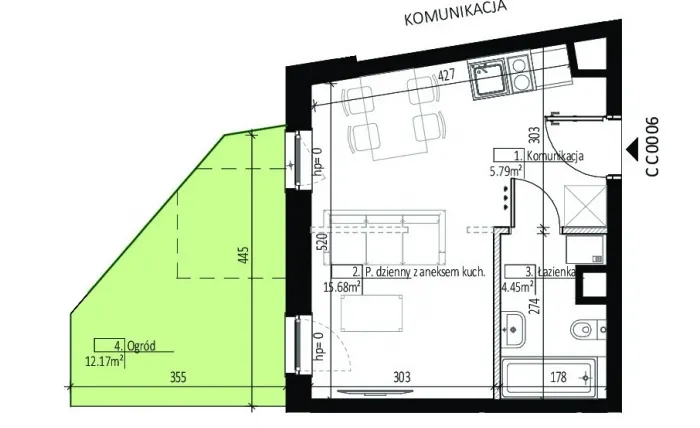 Rzut - Mieszkanie na sprzedaż 1 pokój o powierzchni 25,92 m² - numer CC0006 w Soleil de Malta