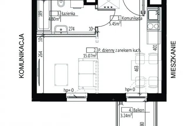 Rzut - Mieszkanie na sprzedaż 1 pokój o powierzchni 25,32 m² - numer EE0562 w Soleil de Malta