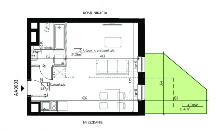 Rzut - Mieszkanie na sprzedaż 1 pokój o powierzchni 35,09 m² - numer AA0003 w Soleil de Malta