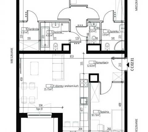 Rzut - Mieszkanie na sprzedaż 4 pokoje o powierzchni 90,94 m² - numer CC0231 w Soleil de Malta