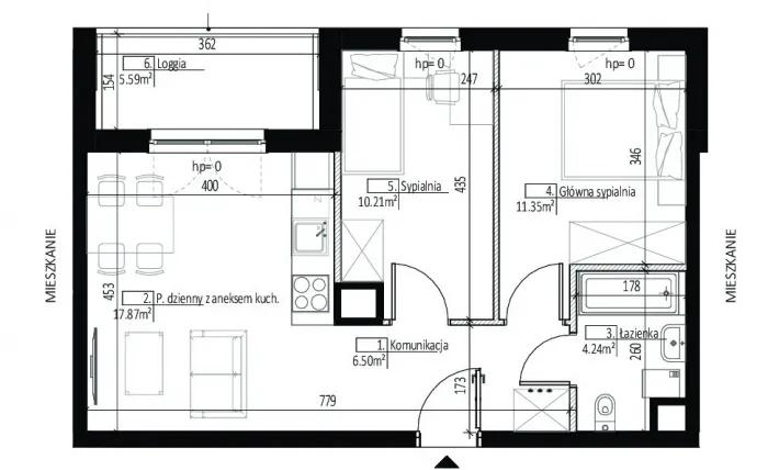 Rzut - Mieszkanie na sprzedaż 3 pokoje o powierzchni 50,17 m² - numer CC0121 w Soleil de Malta