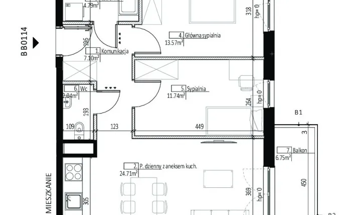 Rzut - Mieszkanie na sprzedaż 3 pokoje o powierzchni 63,95 m² - numer BB0114 w Soleil de Malta
