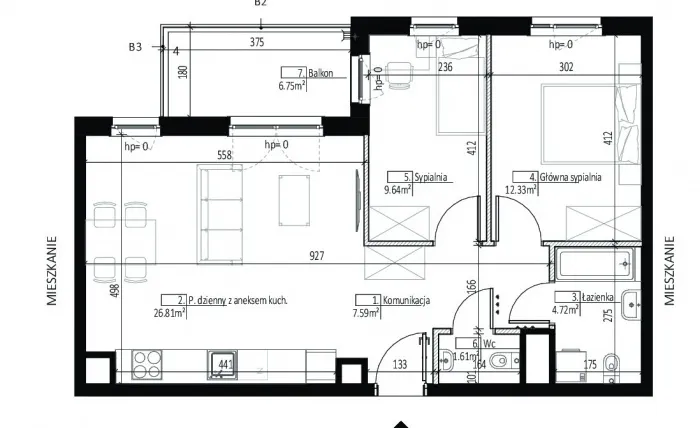 Rzut - Mieszkanie na sprzedaż 3 pokoje o powierzchni 62,68 m² - numer BB0567 w Soleil de Malta