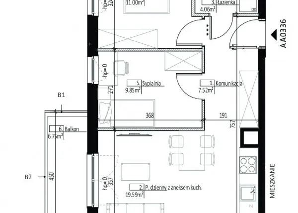 Rzut - Mieszkanie na sprzedaż 3 pokoje o powierzchni 52,02 m² - numer AA0336 w Soleil de Malta