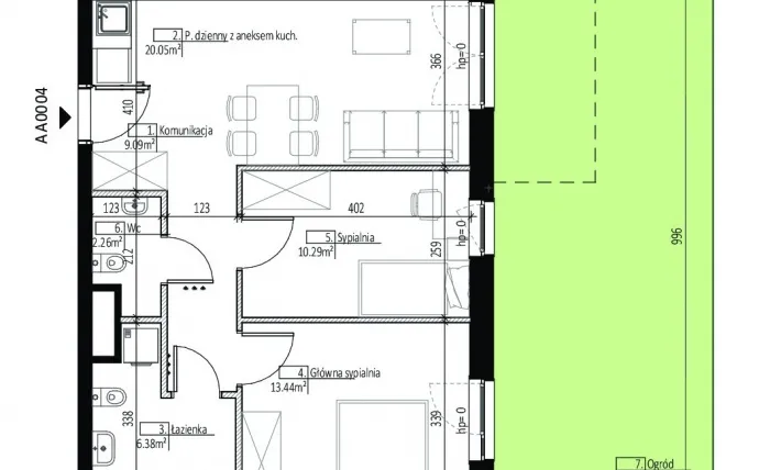 Rzut - Mieszkanie na sprzedaż 3 pokoje o powierzchni 61,51 m² - numer AA0004 w Soleil de Malta