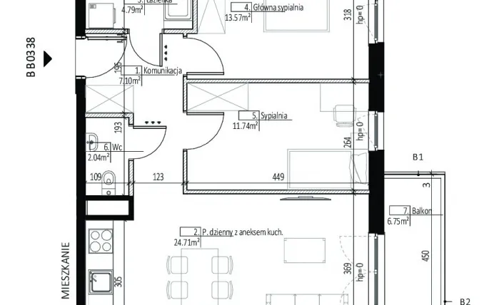 Rzut - Mieszkanie na sprzedaż 3 pokoje o powierzchni 63,95 m² - numer BB0338 w Soleil de Malta