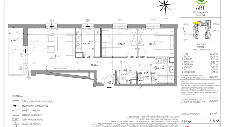 Rzut - Mieszkanie na sprzedaż 3 pokoje o powierzchni 68,62 m² - numer BL-ART-LM-5B55 w Bemowo Line