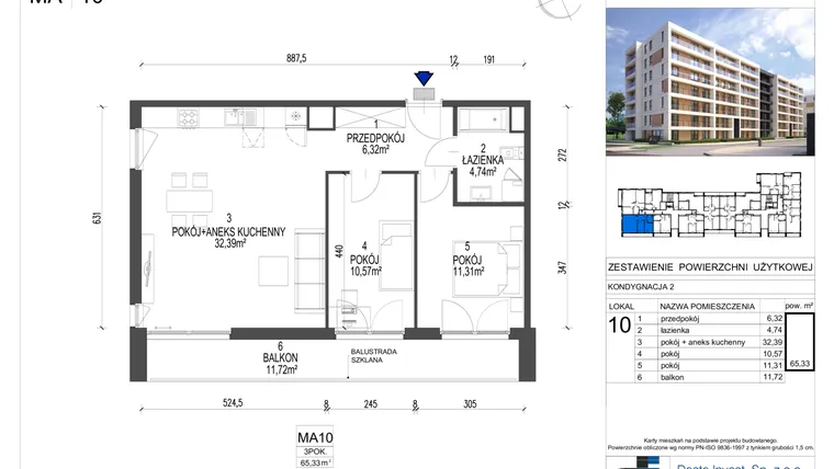 Rzut - Mieszkanie na sprzedaż 3 pokoje o powierzchni 65,33 m² - numer 1-A-10 w Dąbska Street- III etap