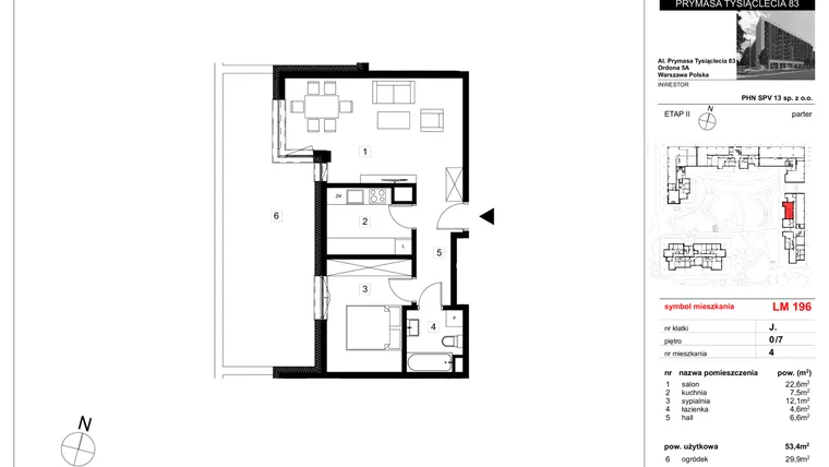 Rzut - Mieszkanie na sprzedaż 2 pokoje o powierzchni 53,4 m² - numer 196 w Vis A Vis Wola - etap II