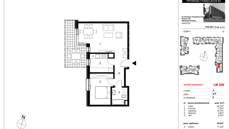 Rzut - Mieszkanie na sprzedaż 2 pokoje o powierzchni 53,6 m² - numer 208 w Vis A Vis Wola - etap II