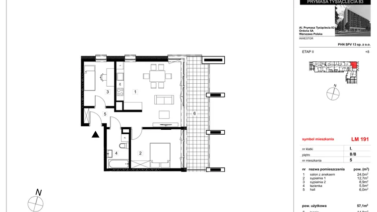 Rzut - Mieszkanie na sprzedaż 3 pokoje o powierzchni 57,1 m² - numer 191 w Vis A Vis Wola - etap II