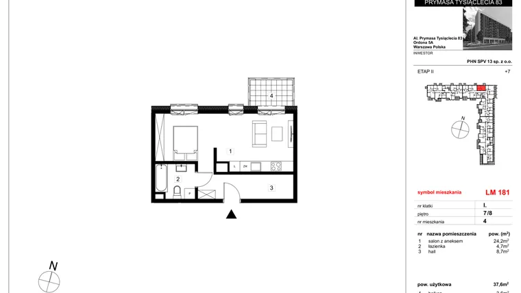 Rzut - Mieszkanie na sprzedaż 1 pokój o powierzchni 37,6 m² - numer 181 w Vis A Vis Wola - etap II