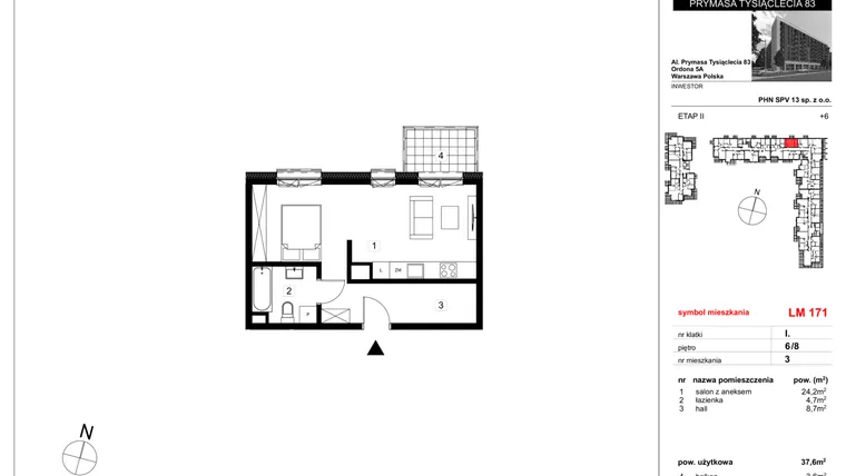 Rzut - Mieszkanie na sprzedaż 1 pokój o powierzchni 37,6 m² - numer 171 w Vis A Vis Wola - etap II
