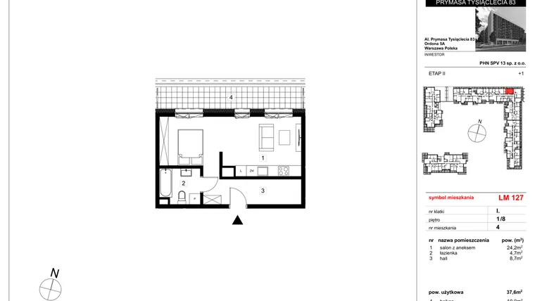 Rzut - Mieszkanie na sprzedaż 1 pokój o powierzchni 37,6 m² - numer 127 w Vis A Vis Wola - etap II