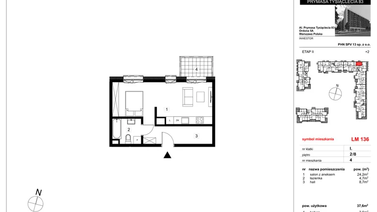 Rzut - Mieszkanie na sprzedaż 1 pokój o powierzchni 37,6 m² - numer 136 w Vis A Vis Wola - etap II