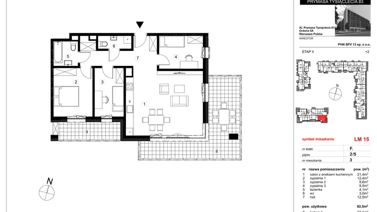 Rzut - Mieszkanie na sprzedaż 4 pokoje o powierzchni 82,5 m² - numer 15 w Vis A Vis Wola - etap II