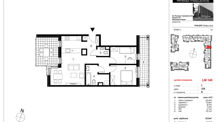 Rzut - Mieszkanie na sprzedaż 3 pokoje o powierzchni 63,9 m² - numer 140 w Vis A Vis Wola - etap II
