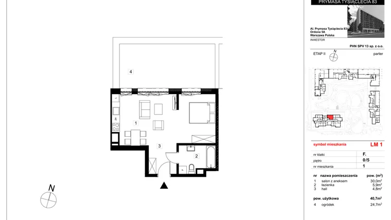 Rzut - Mieszkanie na sprzedaż 1 pokój o powierzchni 40,7 m² - numer 1 w Vis A Vis Wola - etap II