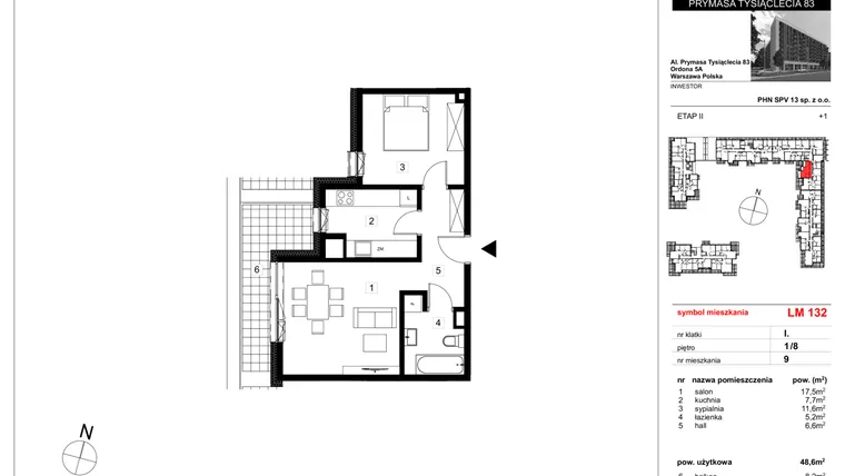 Rzut - Mieszkanie na sprzedaż 2 pokoje o powierzchni 48,6 m² - numer 132 w Vis A Vis Wola - etap II