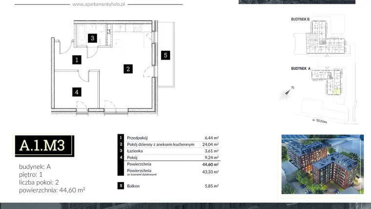 Rzut - Mieszkanie na sprzedaż 2 pokoje o powierzchni 44,6 m² - numer A1.M3 w Halo Apartamenty