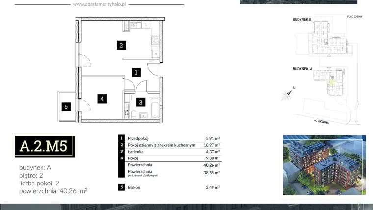 Rzut - Mieszkanie na sprzedaż 2 pokoje o powierzchni 40,26 m² - numer A2.M5 w Halo Apartamenty