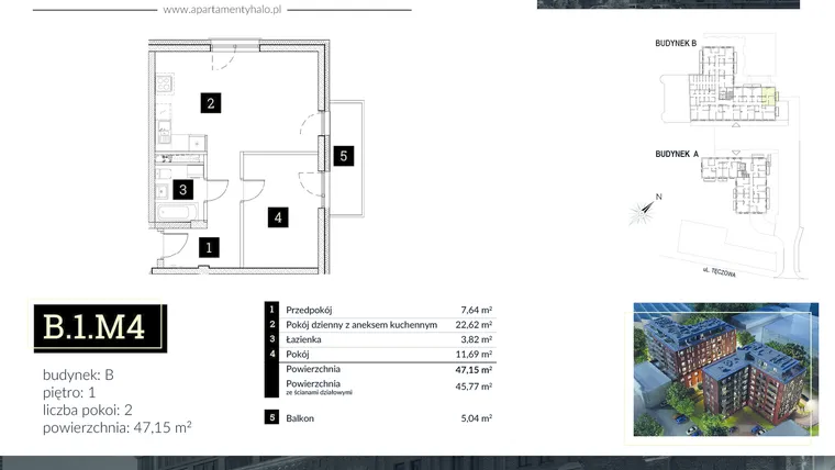 Rzut - Mieszkanie na sprzedaż 2 pokoje o powierzchni 48,32 m² - numer B1.M4 w Halo Apartamenty