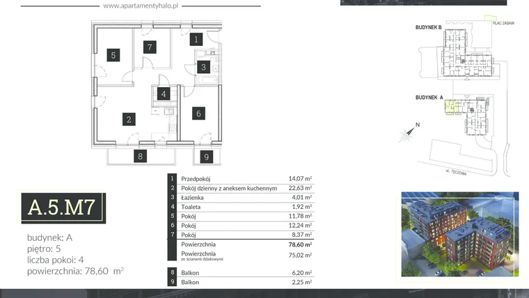 Rzut - Mieszkanie na sprzedaż 4 pokoje o powierzchni 78,6 m² - numer A5.M7 w Halo Apartamenty