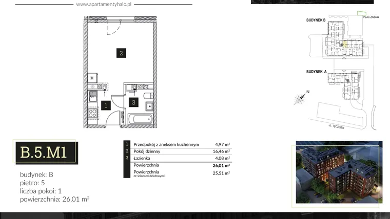 Rzut - Mieszkanie na sprzedaż 1 pokój o powierzchni 26,01 m² - numer B5.M1 w Halo Apartamenty