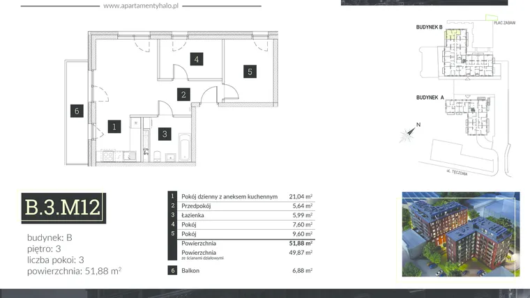 Rzut - Mieszkanie na sprzedaż 3 pokoje o powierzchni 53,12 m² - numer B3.M12 w Halo Apartamenty