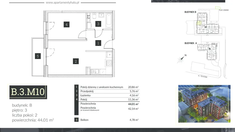 Rzut - Mieszkanie na sprzedaż 2 pokoje o powierzchni 44,49 m² - numer B3.M10 w Halo Apartamenty