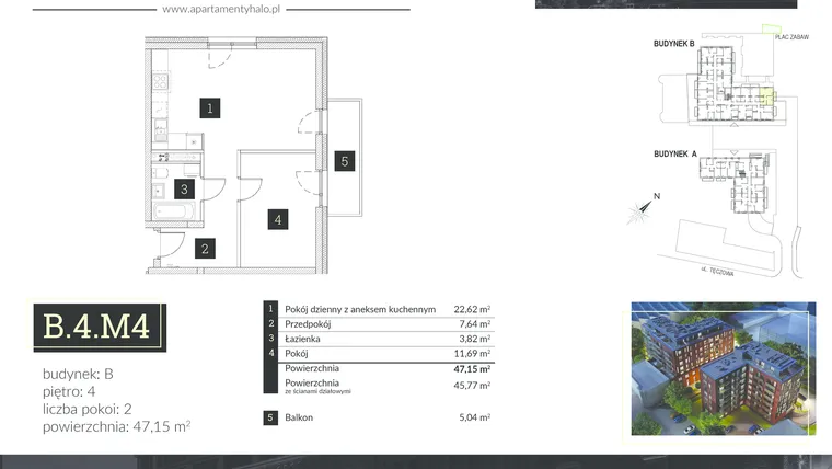 Rzut - Mieszkanie na sprzedaż 2 pokoje o powierzchni 47,15 m² - numer B4.M4 w Halo Apartamenty