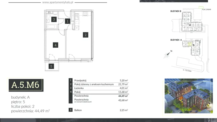 Rzut - Mieszkanie na sprzedaż 2 pokoje o powierzchni 44,49 m² - numer A5.M6 w Halo Apartamenty